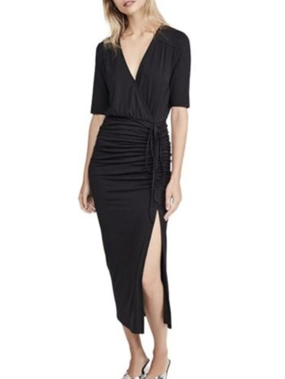 Veronica Beard Mariposa Black Wrap Ruched Detailing V-Neck Midi Dress Size Large